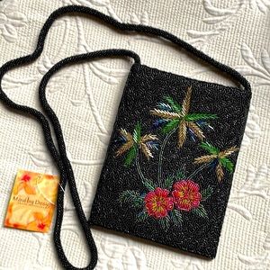 NWT Vintage Style Small Beaded Bag - Palms and Floral Design - Black Red Gold